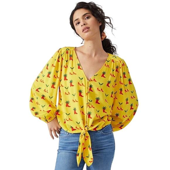 Anthropologie Tops - Anthropologie Button Down Front Tie Blouse Yellow Women’s 2 Festival Boho Fruit